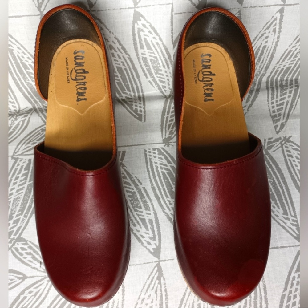 Sandgrens Sweden Clogs "Brett" Leather Burgundy Red Wood Platform